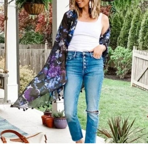 Peter Som Dream Floral Print beach fringe Sarong in Meteorite Black Blue - Picture 14 of 16